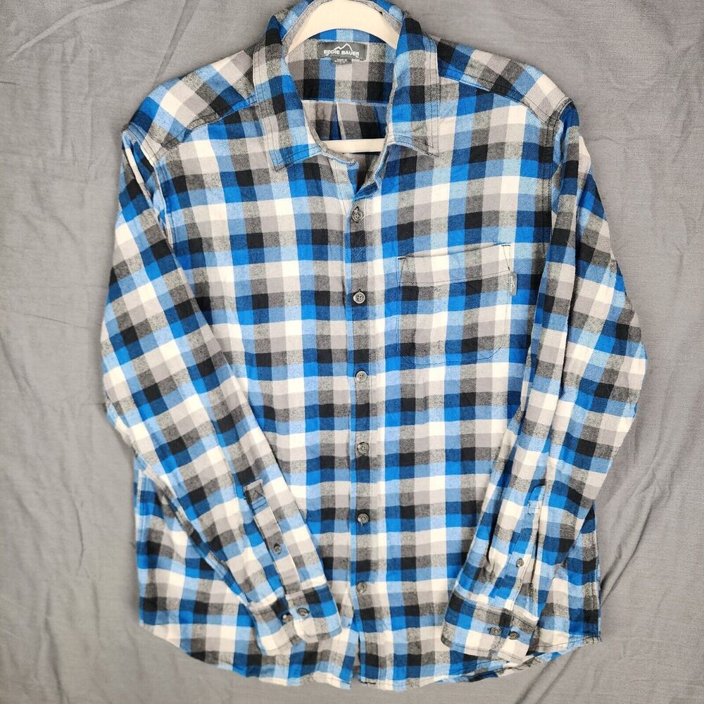 Eddie Bauer Shirt Mens Large Blue Plaid Flannel Button Down Pockets Long Sleeve